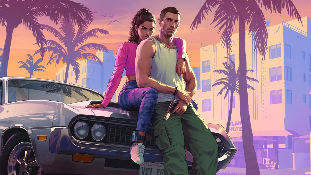 Illustrated Lucia sitting on a car hood beside Jason beneath palms at sunset