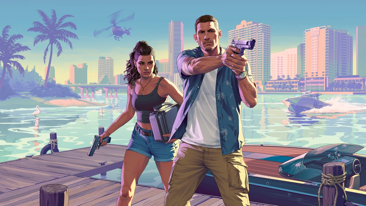 Illustrated Lucia and Jason holding pistols on a waterfront dock in Vice City