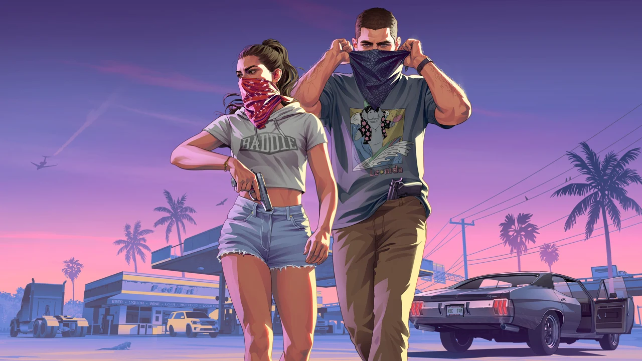 Illustrated Lucia and Jason wearing bandannas near a muscle car at sunset