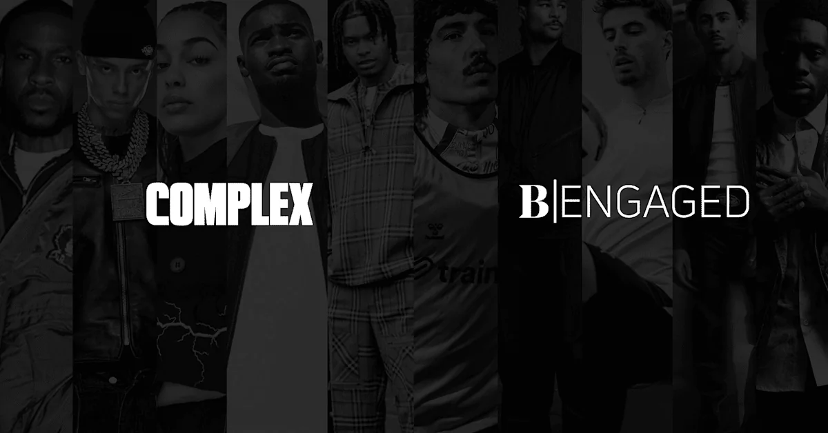 Official Complex UK–B-Engaged partnership graphic with the B-Engaged mark over a monochrome portrait collage.