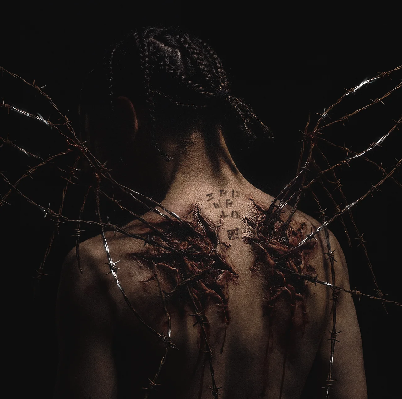 EZ Mil’s promotional artwork for 3RD WRLD VOL. 2 shows a tattooed back framed by barbed wire.