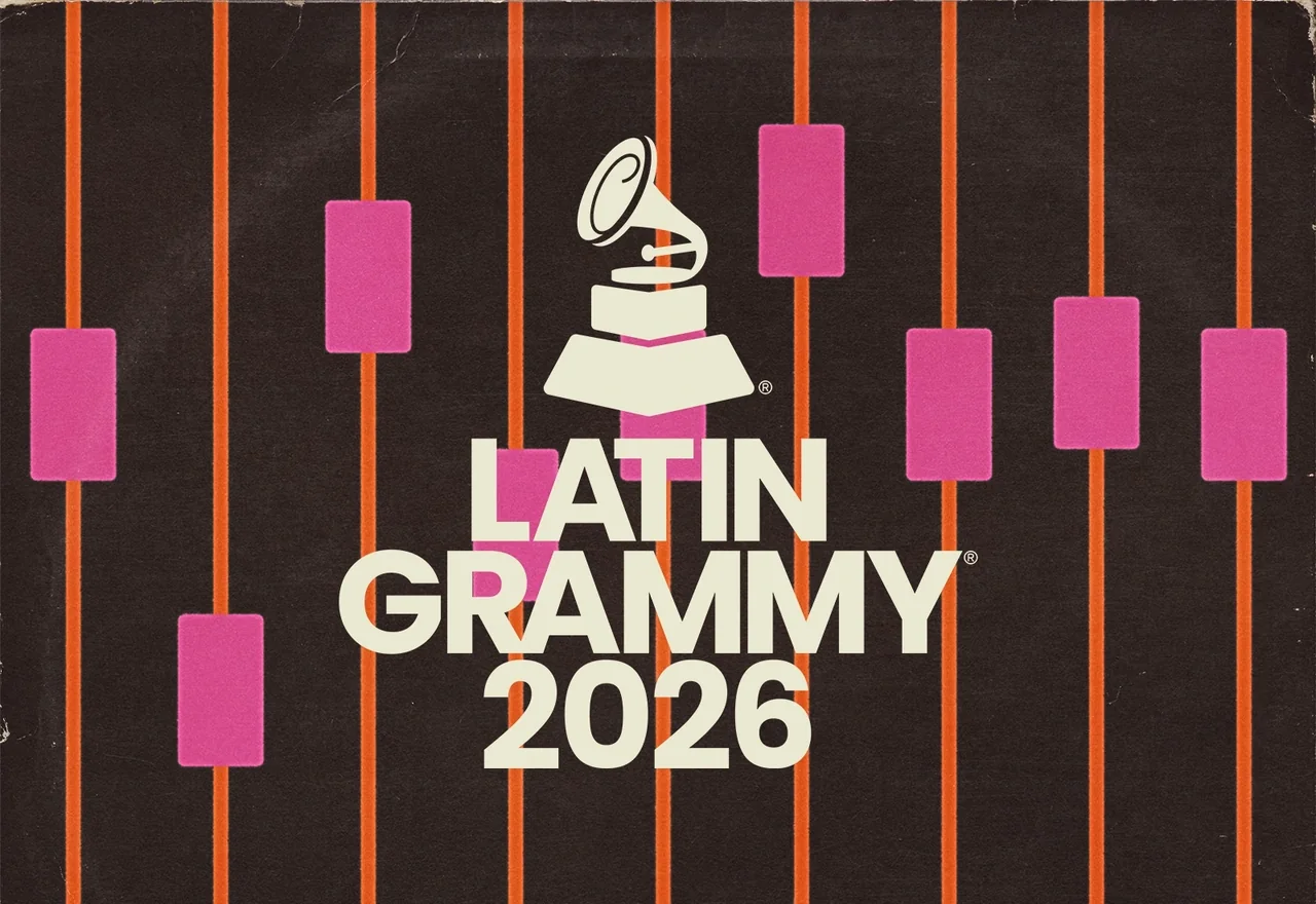 Latin GRAMMY 2026 logo and gramophone mark against a dark background with magenta and orange bars.