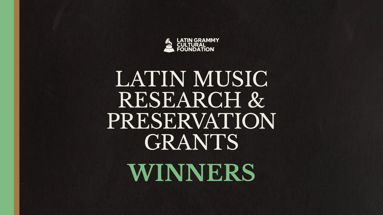 Latin GRAMMY Cultural Foundation graphic announcing its 2026 Latin Music Research and Preservation Grant winners.