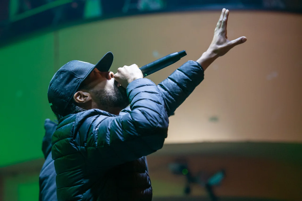 Method Man performs into a microphone and raises one hand during a concert in 2016.
