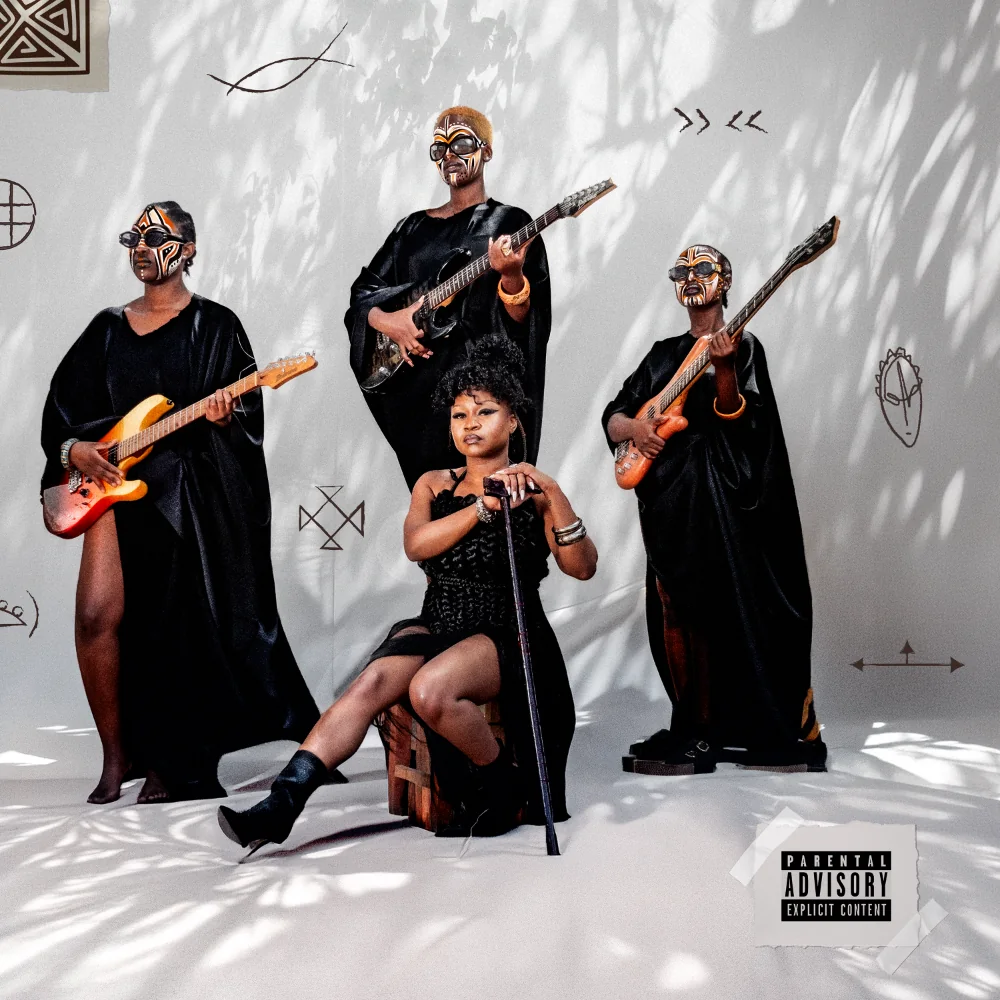 Official Nu Zamrock campaign artwork shows Sampa seated with three guitarists standing behind her.