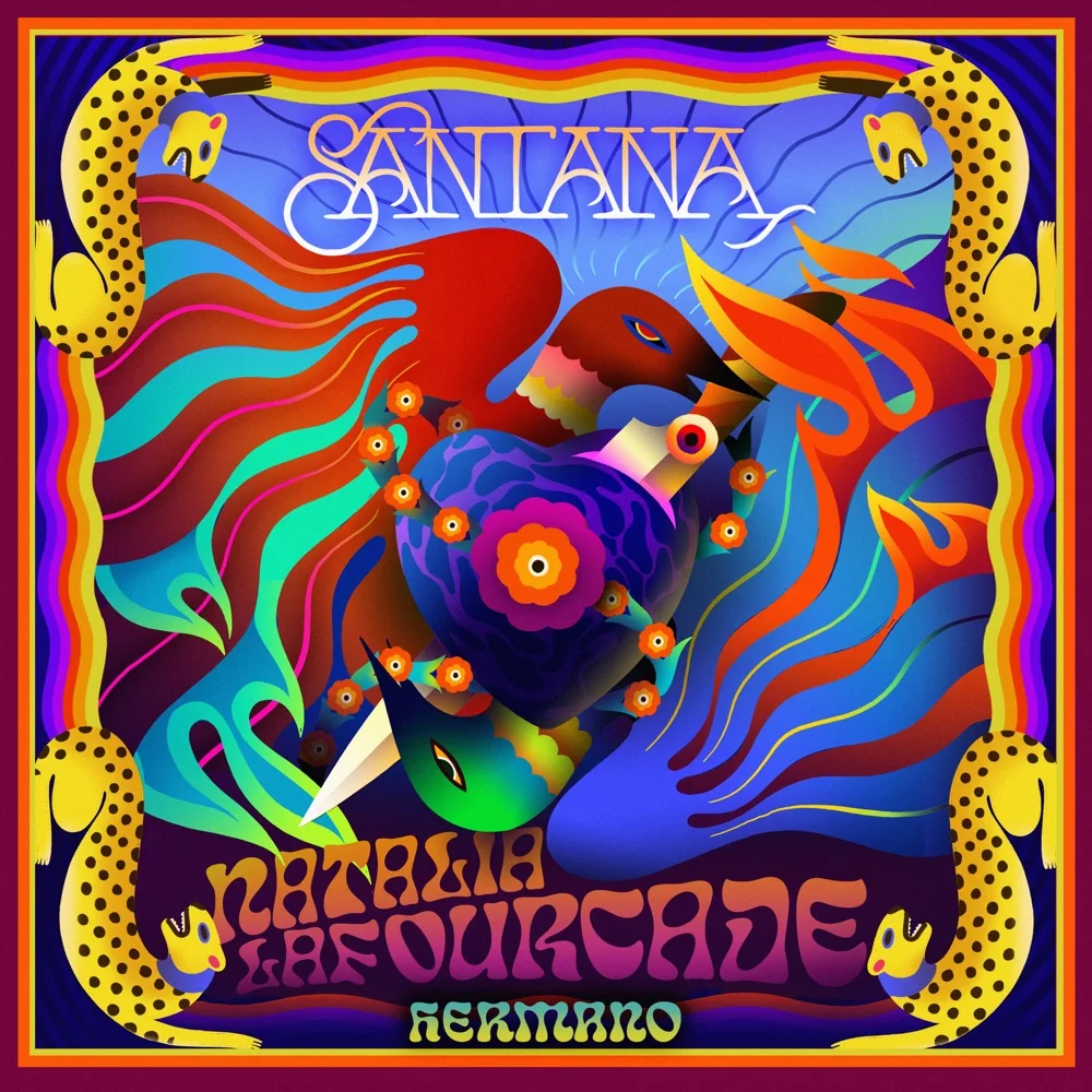 Colorful surreal bird artwork for “Hermano,” with Santana and Natalia Lafourcade named on the cover.