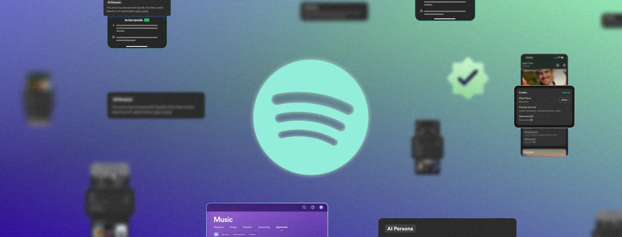 Spotify logo surrounded by interface examples for artist verification, AI Credits and Profile Protection.