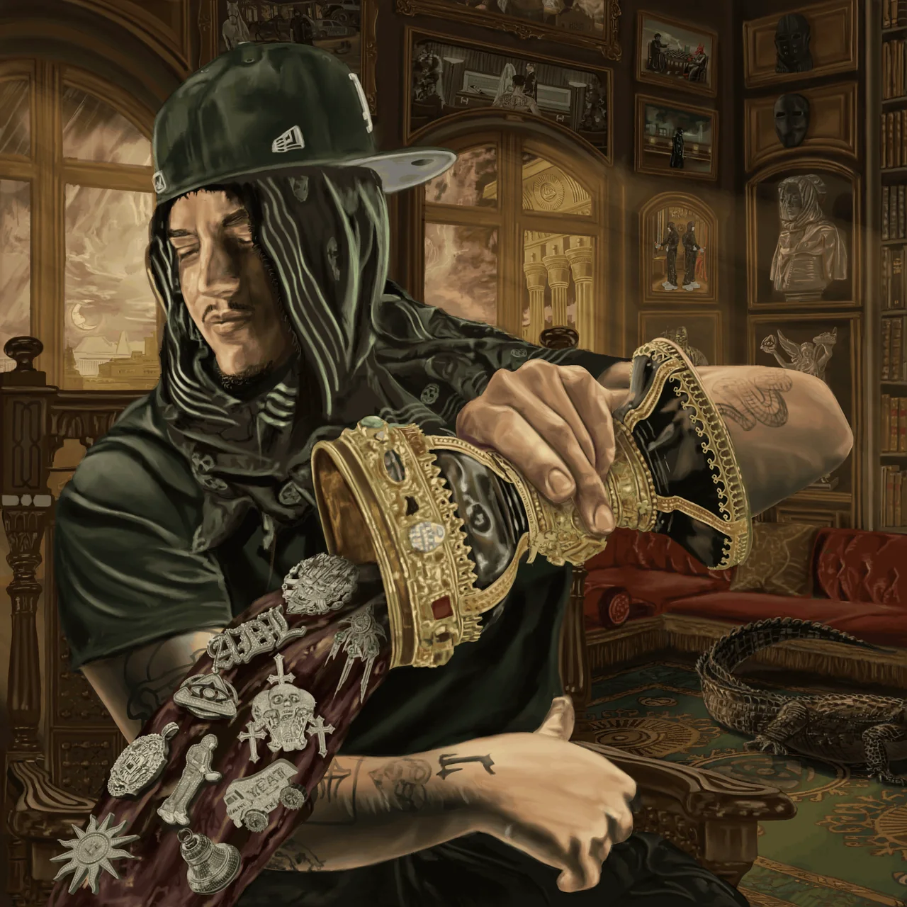 Album artwork depicts Yeat in a hood and cap holding an object in a dim, display-like room.