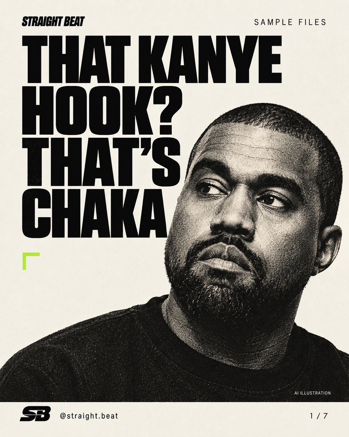 AI editorial illustration of Kanye West beside the hook: That Kanye hook? That’s Chaka.