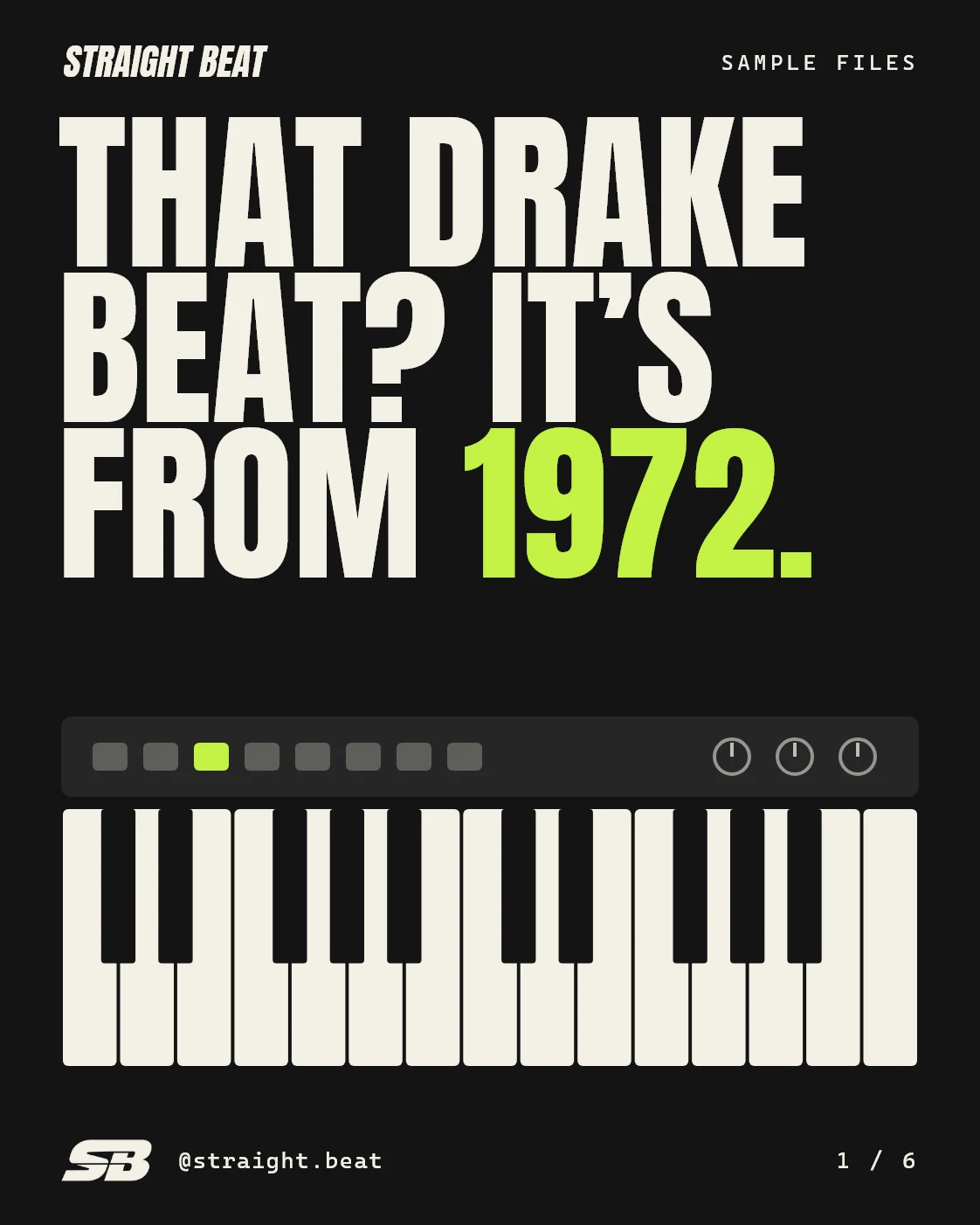 Typographic cover on black: That Drake beat? It’s from 1972. Below, an organ keyboard with a row of rhythm buttons, one lit acid green.
