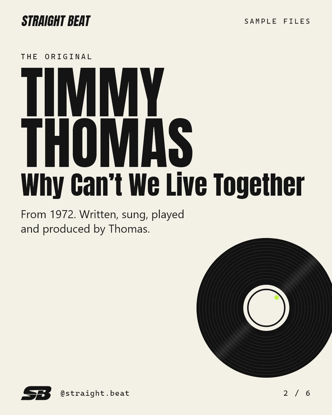 The original: Timmy Thomas, Why Can’t We Live Together, from 1972, written, sung, played and produced by Thomas. A vinyl record graphic sits in the corner.