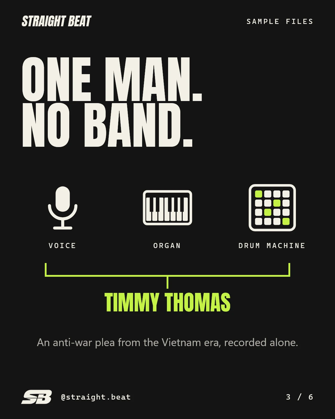 One man. No band. Icons for voice, organ and drum machine join in a bracket under the name Timmy Thomas: an anti-war plea from the Vietnam era, recorded alone.