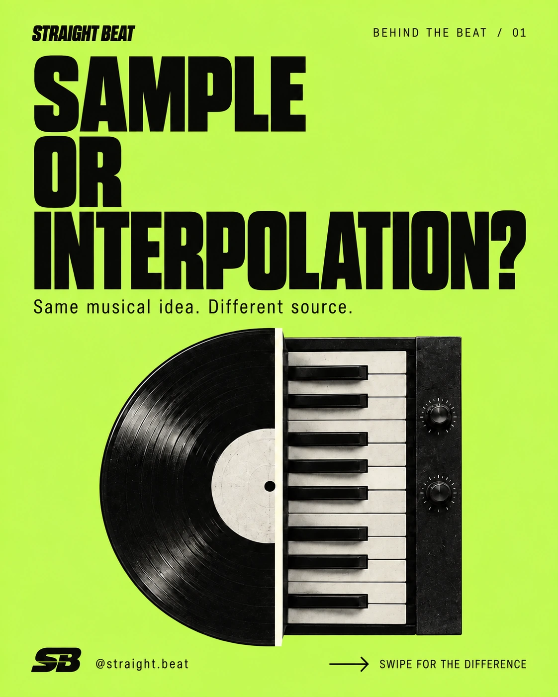 Sample or interpolation? A split vinyl record and keyboard on acid green.