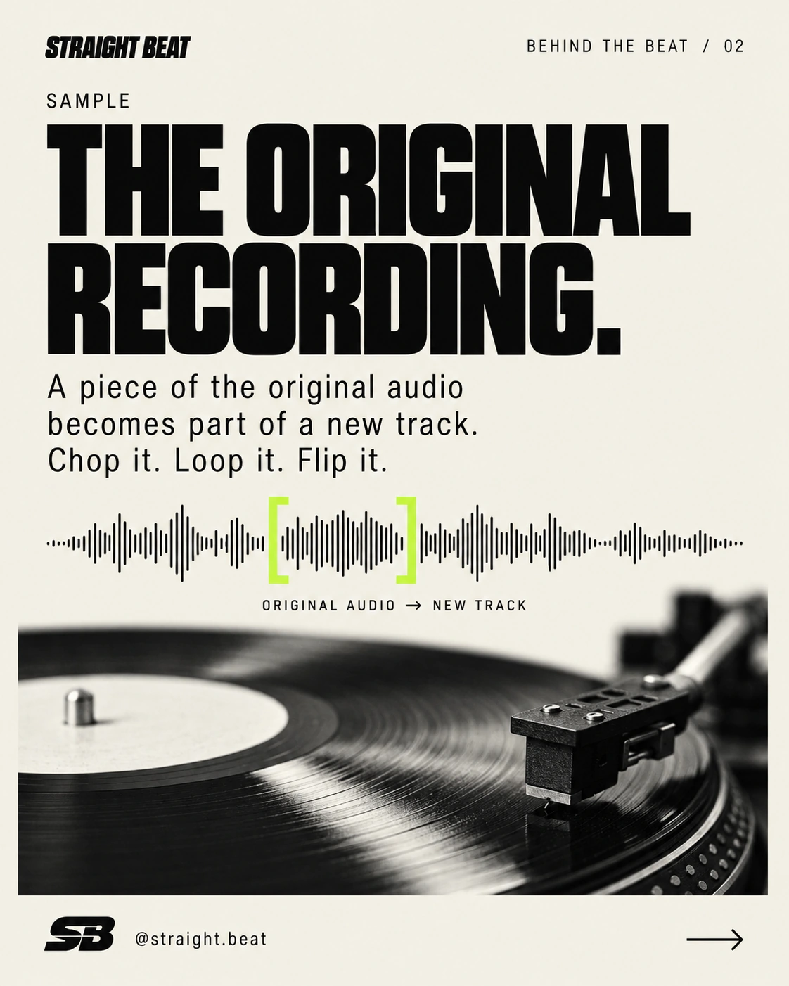 A sample uses original audio in a new track, illustrated with a selected waveform and vinyl record.