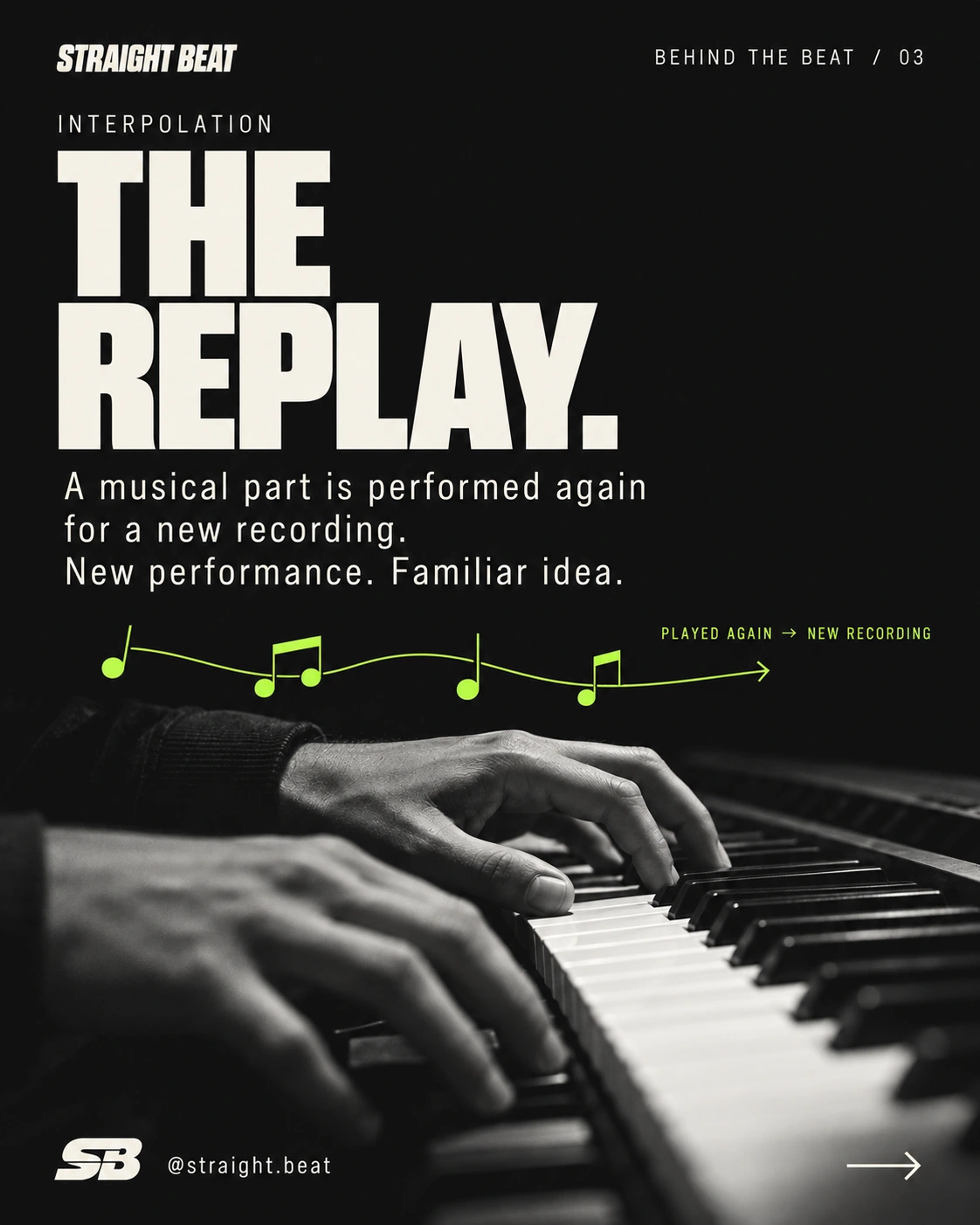 An interpolation performs a musical part again for a new recording, illustrated with piano hands.